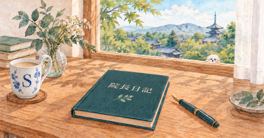 院長日記の水彩イラスト。窓辺に置かれた「院長日記」のノートと万年筆、京都の街並みと、窓からのぞくはーちゃん